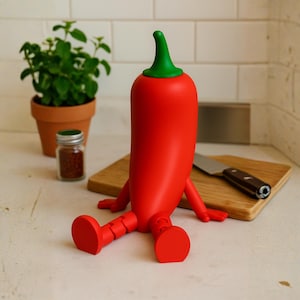 May include: A whimsical red chili pepper-shaped kitchen gadget with green accents. The pepper has arms and legs, giving it a playful appearance. A wooden cutting board and a knife are in the background, along with a small potted plant and a spice jar.