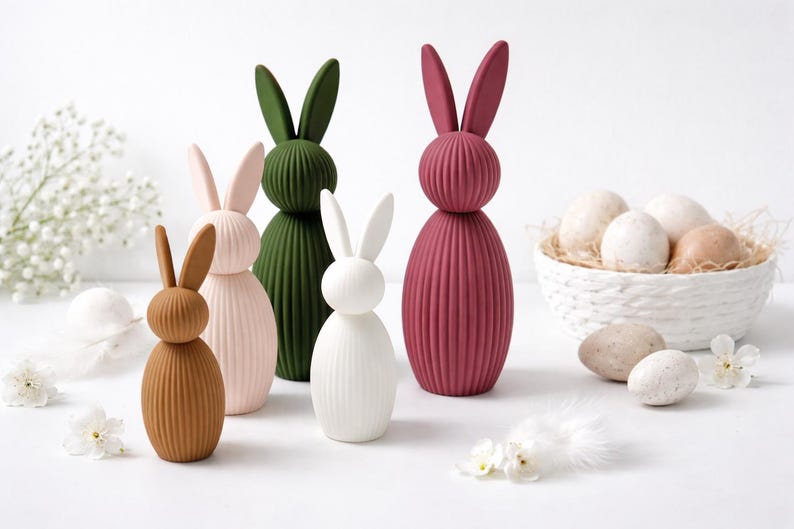 Pu&ograve; includere: Una collezione di figurine decorative a forma di coniglietto pasquale in vari colori, tra cui marrone, rosa, verde, bianco e bordeaux. I coniglietti a coste sono disposti con un cestino di uova maculate e fiori decorativi.