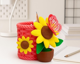 Portalápices de girasol de estilo tejido, alegre organizador de escritorio para amantes de la naturaleza, profesores y decoración de oficina en casa, regalo de mariposa y girasol.