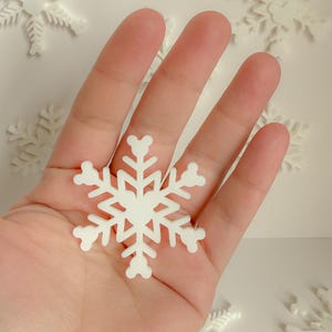 May include: A white snowflake decoration with intricate cut-out details is held in a hand. The snowflake has six points, each with a heart-shaped design at the end. Other snowflakes are visible in the background, suggesting a winter or holiday theme.