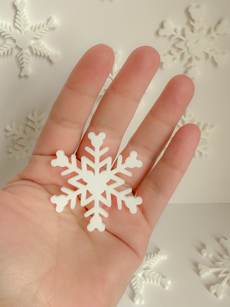 May include: A white snowflake decoration with intricate cut-out details is held in a hand. The snowflake has six points, each with a heart-shaped design at the end. Other snowflakes are visible in the background, suggesting a winter or holiday theme.