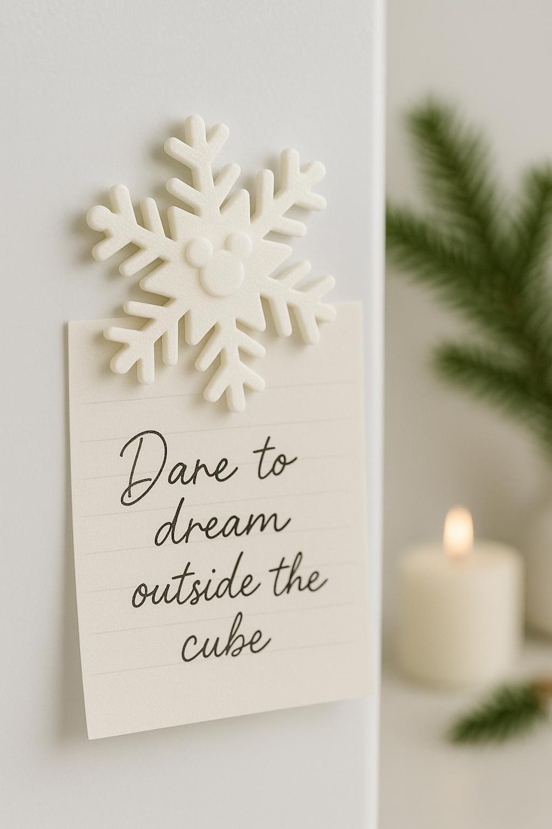 May include: A white snowflake-shaped magnet with a Mickey Mouse silhouette in the center, attached to a cream-colored notepad. The notepad has the words "Dare to dream outside the cube" written on it in cursive.
