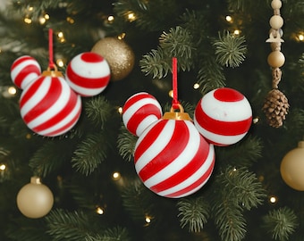 Mickey Candy Cane Ornament, Red and White Disney Christmas Tree Decor, 3D Printed Holiday Ornament