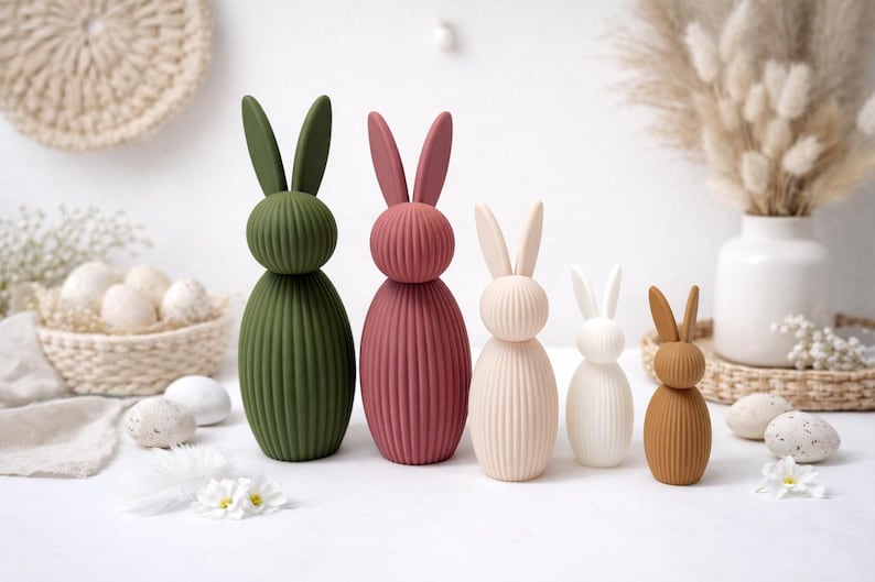 Pu&ograve; includere: Una collezione di figurine decorative a forma di coniglietti pasquali in varie dimensioni e colori. I coniglietti sono in tonalit&agrave; di verde, malva, crema, bianco e marrone. Ogni coniglietto ha un corpo a coste e lunghe orecchie.