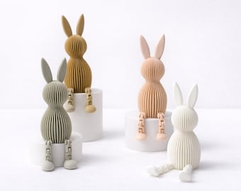 Decorazione minimalista a forma di coniglietto, stile boho, con stampa 3D, coniglietto snodabile, per ufficio o esposizione su scaffale.