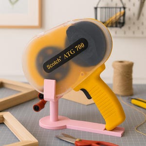 May include: A yellow Scotch ATG 700 tape gun with a pink base and a pair of orange scissors. The tape gun has the text "Scotch ATG 700" printed on it. The background includes a wooden frame and a spool of twine.