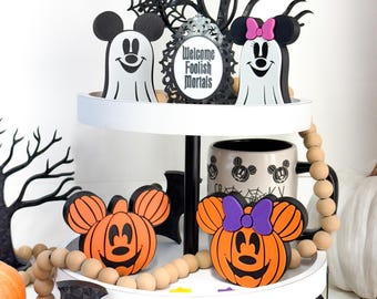 Disney Halloween Tiered Tray Decor Mickey Ghosts Minnie Pumpkins Haunted Sign Minnie Mickey Inspired Halloween Set for table decor