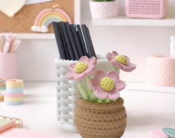 Knitted Flower Pen Holder, Cute Pastel Office Decor,  Aesthetic Office Decor for Teens, Students or Gift, Flower pencil holder