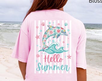 Hello Summer Dolphin T-Shirt, Comfort Colors Beach Tee, Ocean Sealife Lover Gift, Trendy Stripes Front Back Beach Shirt