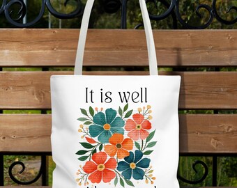 It is well with my soul christian tote bag, floral bible verse tote bag, reusable shopping totes, christian women gift, books church totes