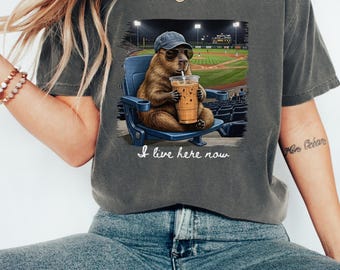 I live here now funny capybara baseball t-shirt, Comfort Colors baseball field tee, softball mom, t-ball mama, game day shirt