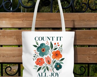 Count it all joy christian floral tote bag, James 1:2 bible verse tote, reusable everyday tote, shopping school tote, christian women gift