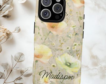 Personalized floral iPhone case, iPhone 16 15 14 13 12 11 10 9 8 protective case cover, custom name flowers phone case gift for her