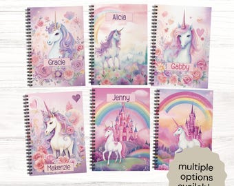 Custom unicorn kids spiral notebook, girl's personalized rule lined writing notebook, unicorn lover gift