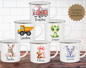 May include: White enamel mugs with various designs, including a fire truck, dump truck, dragon, bunny, teddy bear, and elephant. Each mug features a name: Brayden, Landon, Cooper, Sadie, Olivia, and Gabrielle. The mugs have a silver rim.