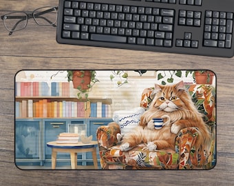 Cute cat desk mat, cat lover desk decor, gift for coworker, desk mat for college student, cat desk accessories for her, keyboard gaming mat