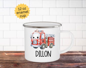 Personalized kids enamel mug, firetruck cup, custom name toddler gifts, kids birthday christmas gift, children's hot cocoa mug, baby shower