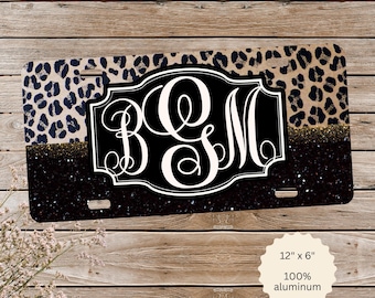 Monogram leopard print license plate, custom initials car tag, personalized car accessories for her