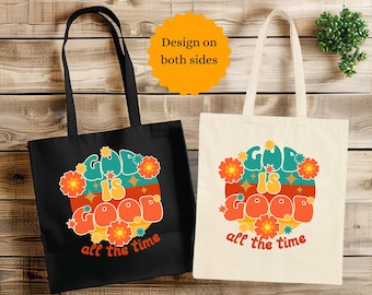 God is good all the time cotton canvas tote bag, retro floral christian tote bag, reusable everyday totes, christian tote bag gifts for her