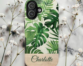 Personalized monstera leaves phone case, iPhone 17 16 15, Google Pixel, Samsung Galaxy phonecase, green houseplant case cover