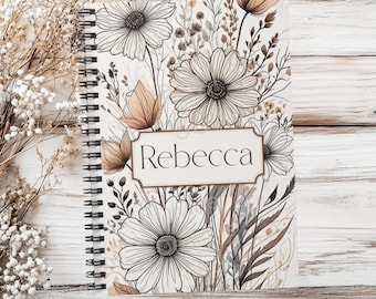 Personalized wildflowers spiral notebook, custom name floral journaling notebook for her, gift for friend, rule lined flowers notebook