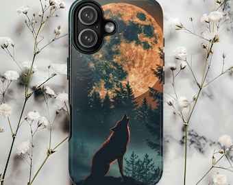 Howling wolf phonecase, iPhone 17 16 15 14 13 12 11, Google Pixel & Samsung Galaxy phone case, celestial moon night sky with lone wolf