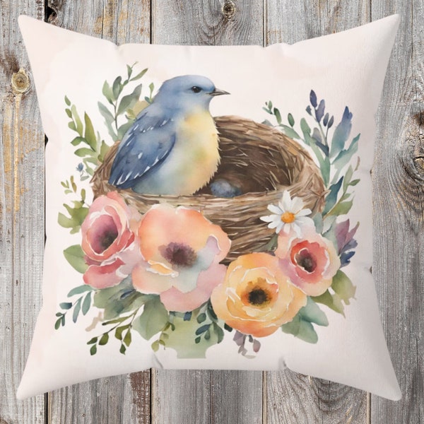 Watercolor Floral Bird in Nest Pillow, Square Pillow, Living Room Decor, Couch Pillow, Spring Nature Home Decor Double Sided Pillow