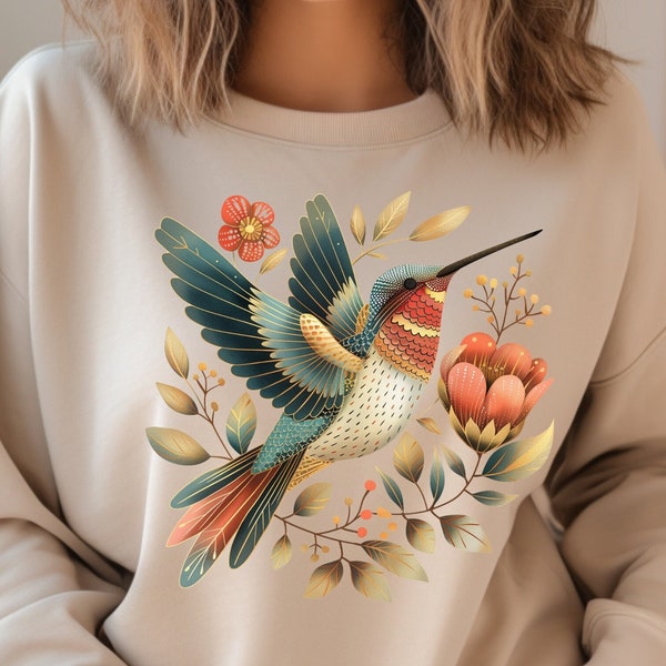 Hummingbird sweatshirt,boho colibri,Gift for her, Spring birds,Bird sweatshirt,Bird lover gift, Hummingbird lovers,floral sweater,nature