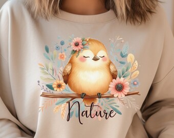 Sudadera de pájaro boho, amantes de la naturaleza, flores silvestres, suéter minimalista de mujer pájaro, regalo de camisa de flores de gran tamaño para mujeres, regalo para niñas