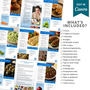 May include: A digital cookbook with healthy recipes for diabetics. The pages feature colorful food photography and nutritional information. The cover includes the text "EDIT IN Canva" and "WHAT'S INCLUDED?" with a list of features.