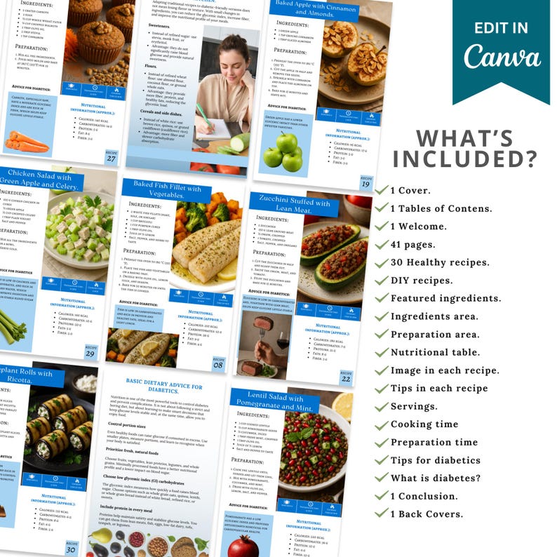 May include: A digital cookbook with healthy recipes for diabetics. The pages feature colorful food photography and nutritional information. The cover includes the text "EDIT IN Canva" and "WHAT'S INCLUDED?" with a list of features.