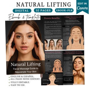 以下が含まれることがあります： 「Natural Lifting」というタイトルのデジタル電子書籍。表紙には女性が描かれており、顔のマッサージテクニックを宣伝しています。電子書籍には、リンパドレナージとコラーゲン刺激に関する情報が含まれています。表紙には「English & Español」と「完全に編集可能」というテキストも含まれています。
