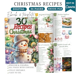 Recetas navideñas, ebook navideño, plantilla de Canva, ebook de Canva, libro de cocina navideño, regalos navideños, ebook PLR, recetas, plantilla de receta de ebook