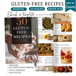Puede incluir: Un ebook digital titulado "Recetas sin gluten" con 54 páginas, con recetas de varios platos. La portada muestra el título y las palabras "Ebook & Template". En el interior, hay imágenes de comida, incluyendo una ensalada de col rizada y batata.