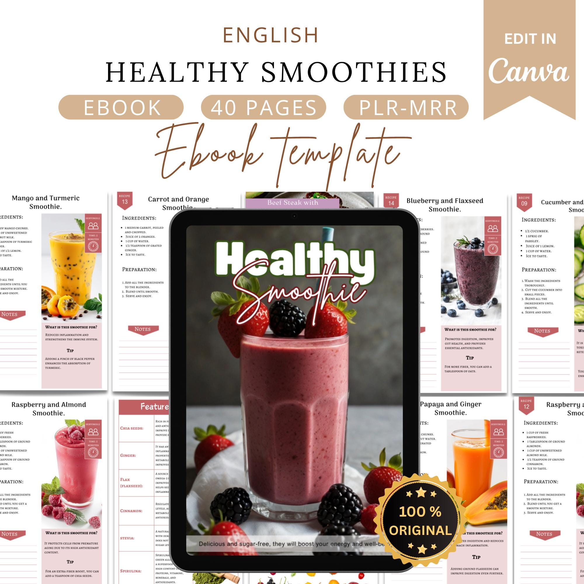 Healthy smoothies recipes,Healthy recipe ebook, Canva ebook, Canva template,custom ebook,nutrition ebook,cookbook template,smoothies pdf,plr