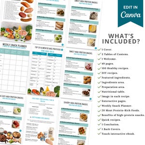 May include: A digital cookbook with a teal cover, featuring a weekly snack planner and high-protein snack recipes. The image includes various food photos and a list of included features, such as healthy recipes and a nutritional table.