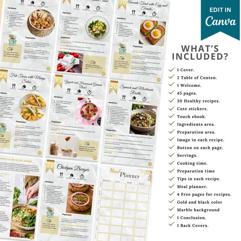 Recetas saludables, recetas ricas en proteínas, libro electrónico de bienestar, recetas caseras, libro electrónico de nutrición, cuaderno de trabajo, libro electrónico PLR, plantilla de libro de cocina, libro electrónico de Canva, Touch imagen 2