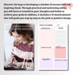 K&ouml;nnte beinhalten: Ein E-Book-Cover mit dem Text "Your Annual Planner for a Success Mindset" und einer Frau, die ein Tablet benutzt. Das Bild zeigt auch einen 12-Monats-Planer mit Abschnitten f&uuml;r Ziele, Dankbarkeit und neue Erkenntnisse.