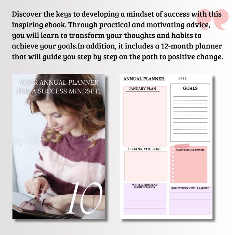 K&ouml;nnte beinhalten: Ein E-Book-Cover mit dem Text "Your Annual Planner for a Success Mindset" und einer Frau, die ein Tablet benutzt. Das Bild zeigt auch einen 12-Monats-Planer mit Abschnitten f&uuml;r Ziele, Dankbarkeit und neue Erkenntnisse.