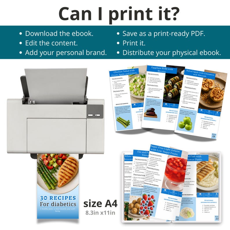May include: A white printer printing a recipe book titled "30 Recipes For diabetics." The image also shows several printed recipe pages and text that reads "Can I print it?" and "size A4 8.3in x11in."