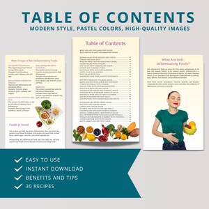 May include: A colorful digital printable guide with a table of contents for anti-inflammatory foods. The guide includes a list of foods to avoid, main groups of anti-inflammatory foods, and 30 recipes. The guide also includes a section on what anti-inflammatory foods are and their benefits.