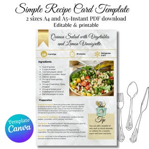 Bearbeitbares Rezept, Canva-Vorlage, Rezeptkartenvorlage, E-Book-Vorlage, einfaches Rezept zum Bearbeiten, elegantes Rezept, Herunterladen, PDF, druckbar, einfaches Rezept