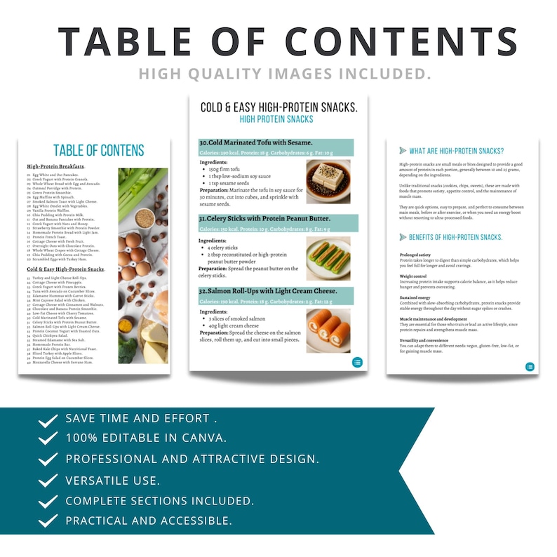 May include: A digital document with a table of contents for high-protein snacks and breakfast recipes. The document includes images and text, with sections on ingredients and preparation. The design is professional and attractive, with the text "SAVE TIME AND EFFORT."