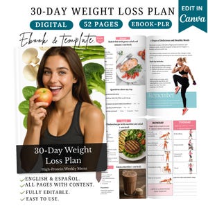 Puede incluir: Ebook digital de 30 días para un plan de pérdida de peso, con 52 páginas. La portada presenta a una mujer con una manzana, junto con imágenes de comidas saludables y rutinas de ejercicios. Incluye el texto "ENGLISH & ESPAÑOL" y "EASY TO USE."