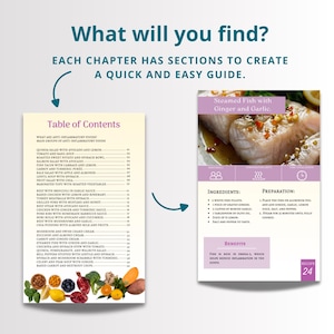 May include: A table of contents page for a cookbook with a recipe for steamed fish with ginger and garlic. The recipe includes ingredients, preparation steps, and benefits of eating fish. The recipe is number 24.