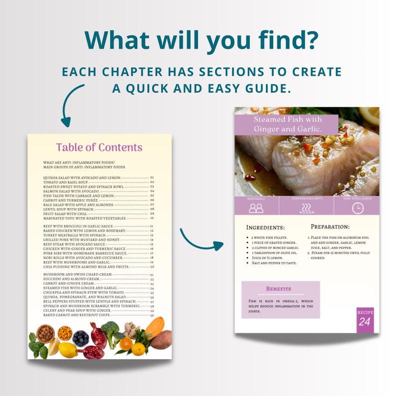 May include: A table of contents page for a cookbook with a recipe for steamed fish with ginger and garlic. The recipe includes ingredients, preparation steps, and benefits of eating fish. The recipe is number 24.