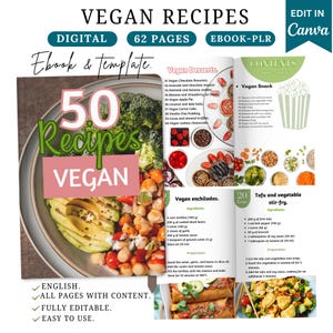 eBook 50 ricette vegane: pasti sani a base vegetale (modello Canva), libro di cucina vegana, ebook di cibo vegano, ebook di ricette vegane sane, guida vegana