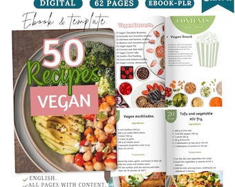 50 Vegan Recipes eBook: Healthy Plant-Based Meals (Canva Template),vegan cookbook,vegan food ebook,healthy vegan recipes ebook,vegan guide