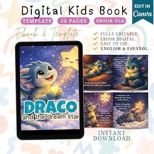 May include: Digital kids book template titled "Draco and the Dream Star". The cover shows a blue dragon with a glowing star against a starry sky. The book is fully editable, digital, and easy to use, with 20 pages.