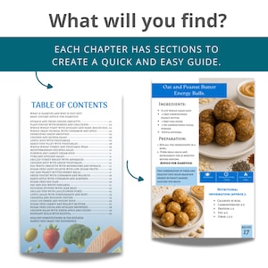 May include: A cookbook page with a table of contents and a recipe for oat and peanut butter energy balls. The recipe includes ingredients, preparation steps, and nutritional information. The page also features images of the energy balls.